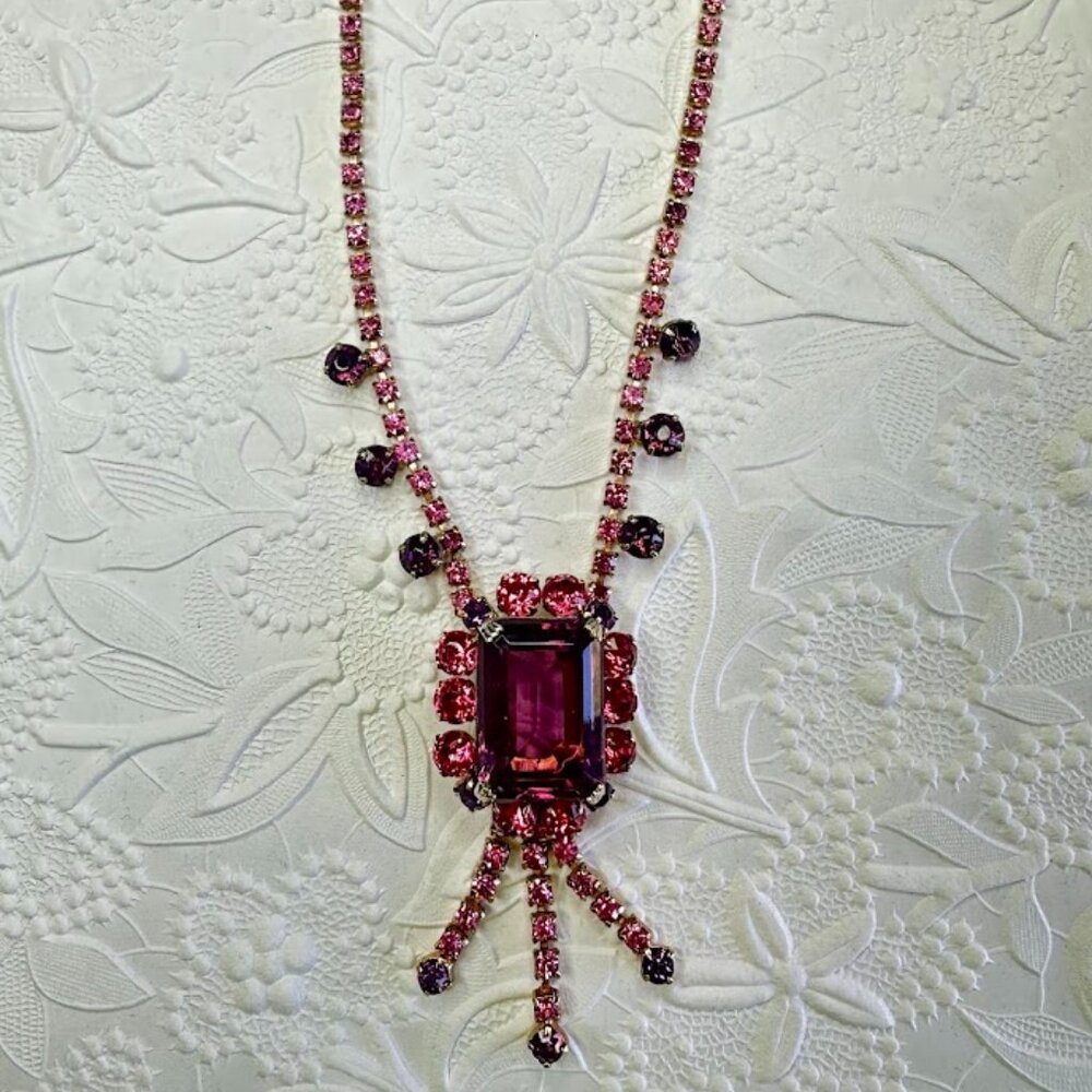 Vintage Juliana D & E Pink and Purple Rhinestone Necklace Emerald Cut Pendant